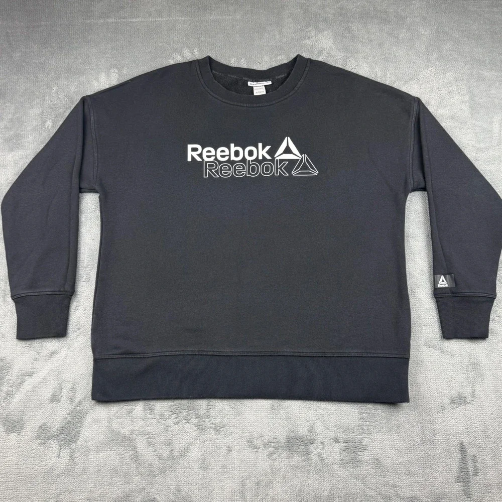 Reebok Mens Black Double Logo Fleece Crewneck Sweatshirt XL REW243TL04 - Picture 1 of 9